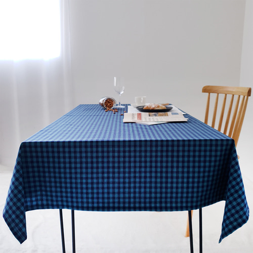 더스케치:블록체크 블루그린 바이오워싱 코튼 테이블커버 식탁보